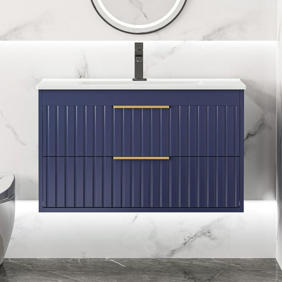 30" Bathroom Vanity Cabinet with Sink Combo, Wall Mounted Floating Bathroom Vanity with 2 Big Drawers and Gold Metal Handles, Blue