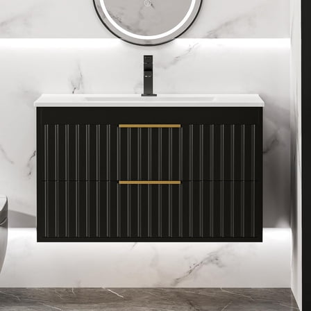 30" Bathroom Vanity Cabinet with Sink, Wall Mounted Floating Bathroom Vanity with 2 Big Drawers and Gold Metal Handles, Black