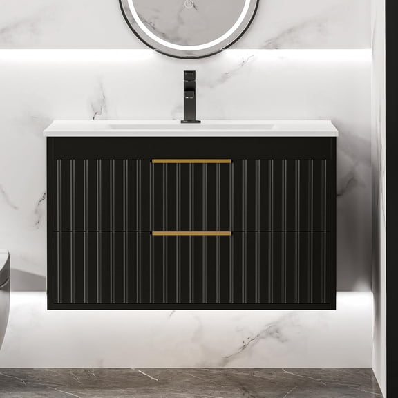 30" Bathroom Vanity Cabinet with Sink, Wall Mounted Floating Bathroom Vanity with 2 Big Drawers and Gold Metal Handles, Black