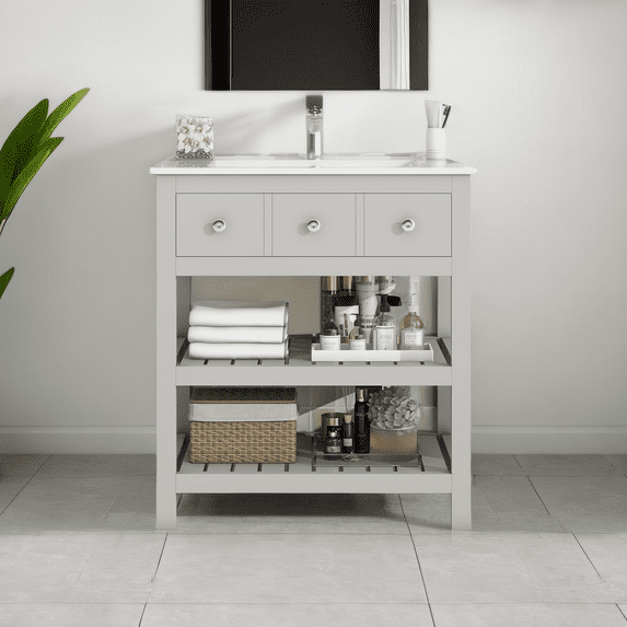 30'' Bathroom Vanity with Ceramic Basin Sink, Modern Bathroom Storage Cabinet with 2-Tier Storage Shelf, Freestanding Bathroom Vanity Cabinet with Single Sink