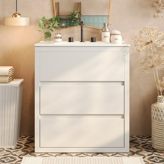 30" Bathroom Vanity with Ceramic Sink and 2 Full-Extension Drawers, Freestanding Bathroom Vanity with 45° Free-Handle Design, Soft Close Undermount Drawer Slides, White
