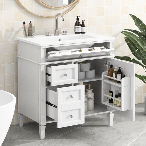 30'' Bathroom Vanity with Ceramic Sink | Ample Storage for Toiletries in Bathroom | Made of High - density MDF and Solid Wood | Keeps Items Away from Water and Dust