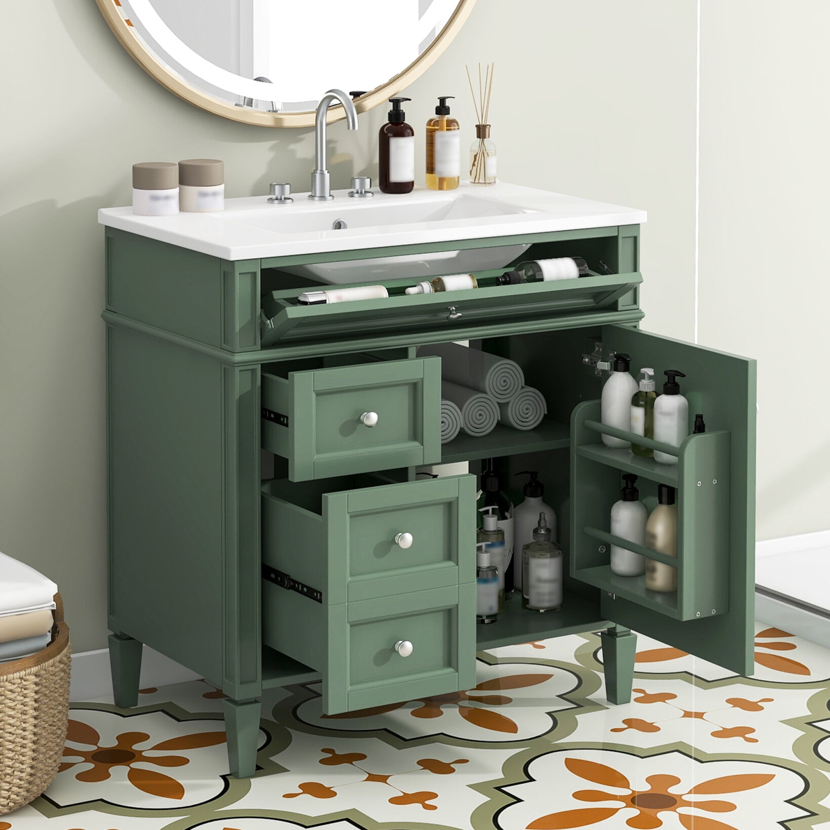 30" Bathroom Vanity with Ceramic Sink Combo, Modern Solid Wood Bathroom ...