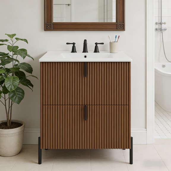 30" Bathroom Vanity with Ceramic Sink, Equipped with Vertical Pulls and Full-Extension Drawers, Freestanding Bathroom Vanity with Soft Close Drawer Slides, Fluted Design, Dark Brown