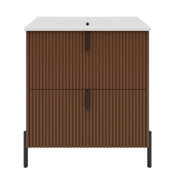 30" Bathroom Vanity with Ceramic Sink, Equipped with Vertical Pulls and Full-Extension Drawers, Freestanding Bathroom Vanity with Soft Close Drawer Slides, Fluted Design, Dark Brown