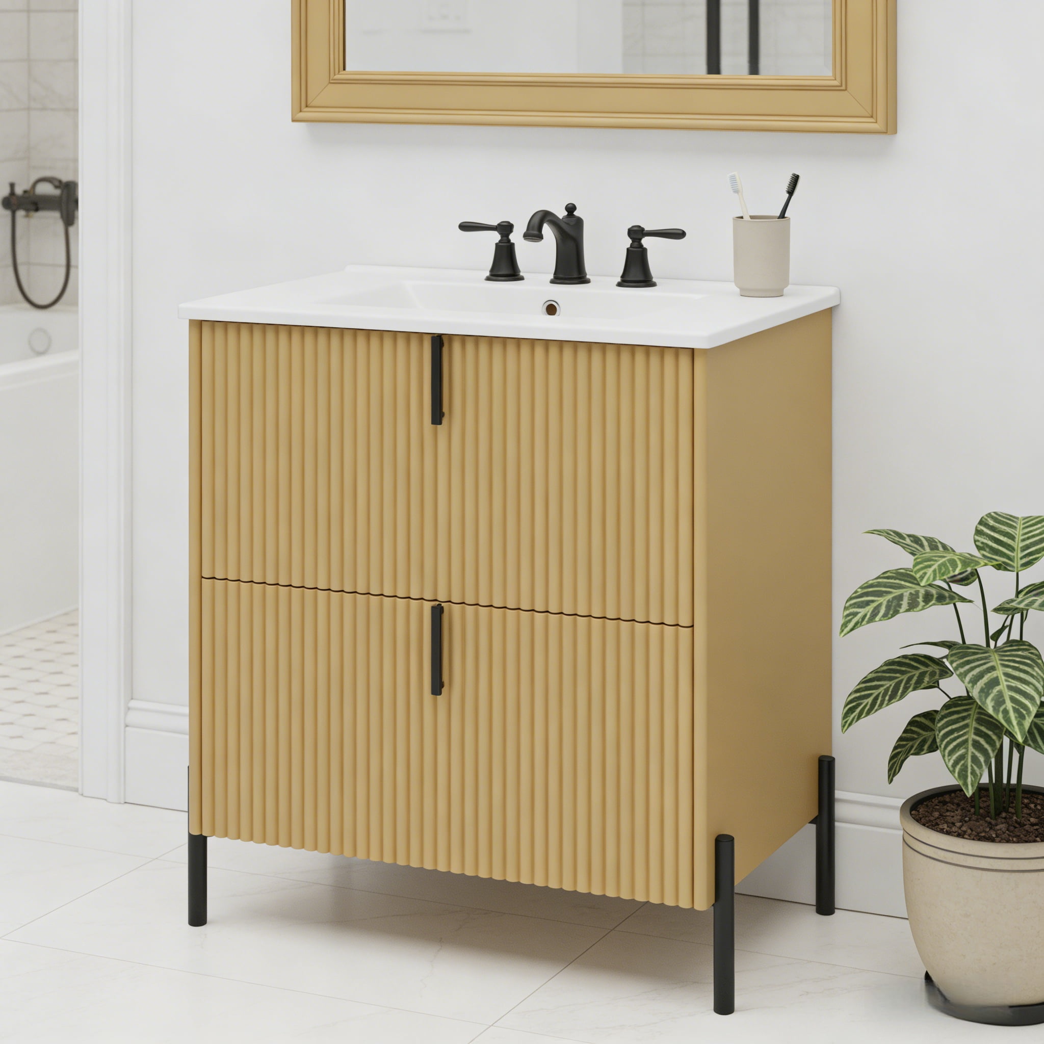 30" Bathroom Vanity with Ceramic Sink, Equipped with Vertical Pulls and Full-Extension Drawers, Freestanding Bathroom Vanity with Soft Close Drawer Slides, Fluted Design, Natural