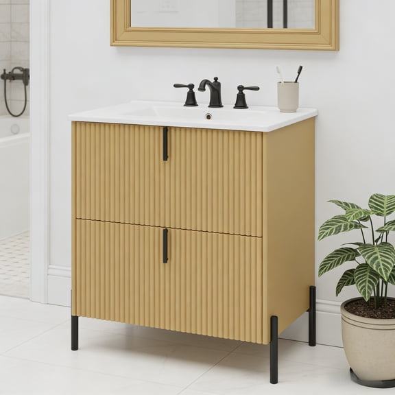 30" Bathroom Vanity with Ceramic Sink, Equipped with Vertical Pulls and Full-Extension Drawers, Freestanding Bathroom Vanity with Soft Close Drawer Slides, Fluted Design, Natural