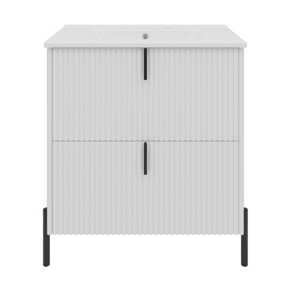 30" Bathroom Vanity with Ceramic Sink, Equipped with Vertical Pulls and Full-Extension Drawers, Freestanding Bathroom Vanity with Soft Close Drawer Slides, Fluted Design, White