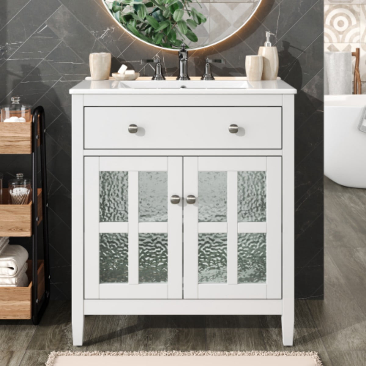 30" Bathroom Vanity with Ceramic Sink, Freestanding Bathroom Vanity Cabinet with Adjustable Shelf, Tip-Out Tray, Soft Close Hinges, Solid Wood Legs, White