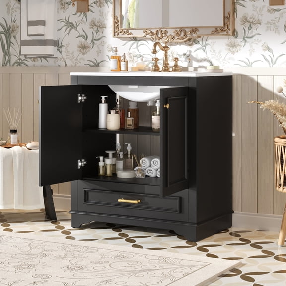 30" Bathroom Vanity with Ceramic Sink, Freestanding Modern Cabinet, 2 Soft-Closing Doors & Storage Shelf, Solid Wood Frame, Compact for Small Spaces, Black