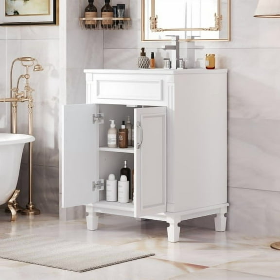 30" Bathroom Vanity with Ceramic Sink, Freestanding Modern Cabinet, 2 Soft-Closing Doors & Storage Shelf, Solid Wood Frame, Compact for Small Spaces, White