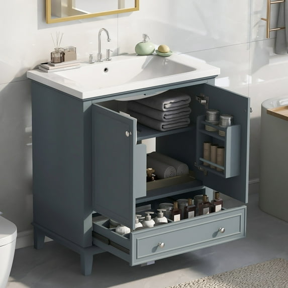 30" Bathroom Vanity with Ceramic Sink, Modern Bathroom Storage Cabinet with 2 Doors and 1 Drawer, Freestanding Bathroom Vanities Solid Wood Frame, Blue