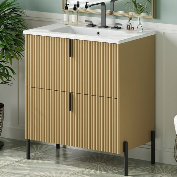 30" Bathroom Vanity with Ceramic Sink, Modern Fluted Bathroom Vanity with 2 Full-Extension Drawers, Soft Close Drawer Slides, Fluted Design, Metal Legs & Handles, Natural