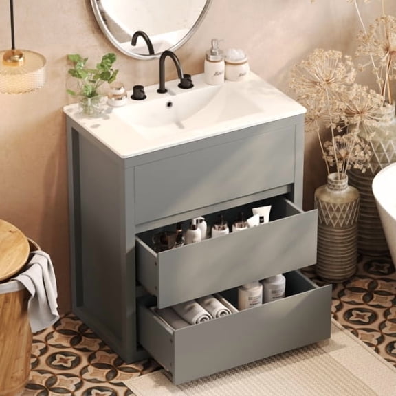 30" Bathroom Vanity with Ceramic Sink, Modern Freestanding Cabinet, 2 Soft Close Full-Extension Drawers, 45° Handleless Design, Grey Wood Grain, MDF, Easy Assembly, Storage for Bathroom