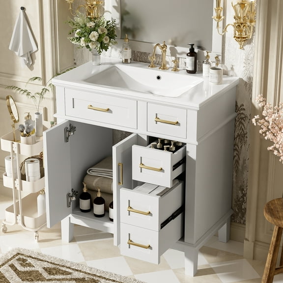 30" Bathroom Vanity with Ceramic Sink, Modern Storage Cabinet with Soft-Close Doors, Deep Drawer & Standard Drawer, Stylish Bath Vanity for Small Bathrooms