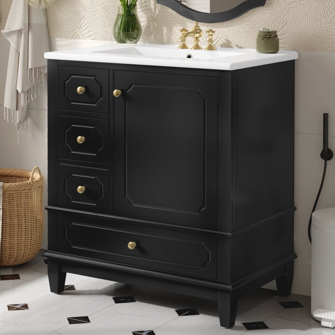 30" Bathroom Vanity with Ceramic Sink ,Soft-Close Door and 3 Drawers, Freestanding Vanity Cabinet with Storage Shelves,Solid Wood Frame Vanity for Bathroom, Black