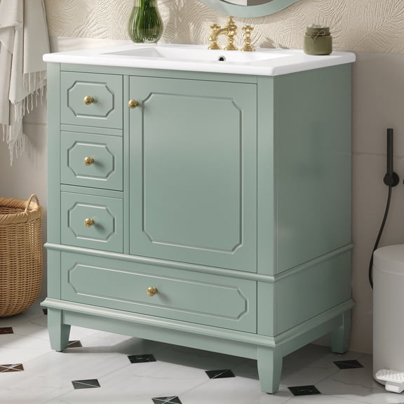 30" Bathroom Vanity with Ceramic Sink ,Soft-Close Door and 3 Drawers, Freestanding Vanity Cabinet with Storage Shelves,Solid Wood Frame Vanity for Bathroom, Light Green