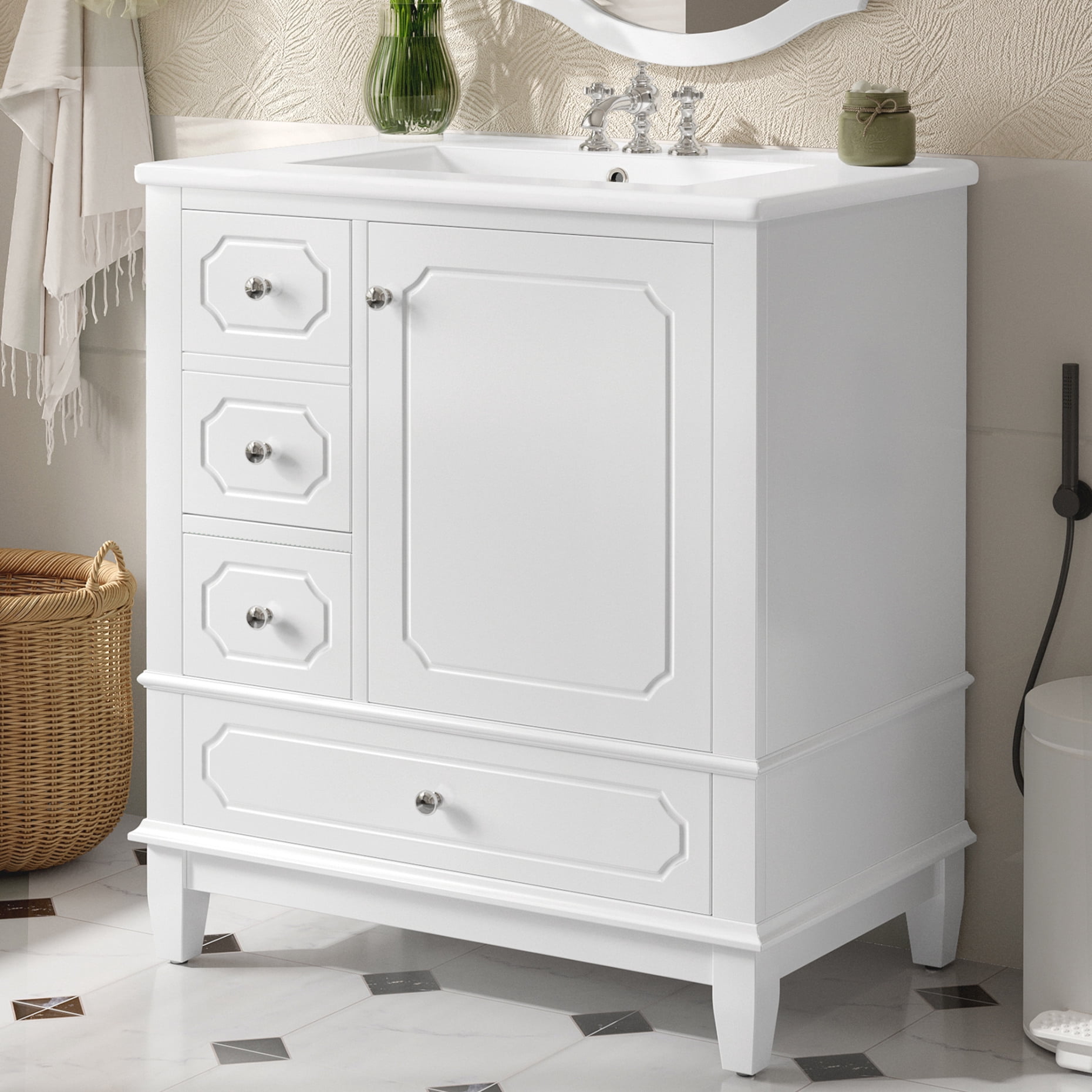 30" Bathroom Vanity with Ceramic Sink ,Soft-Close Door and 3 Drawers, Freestanding Vanity Cabinet with Storage Shelves,Solid Wood Frame Vanity for Bathroom, White