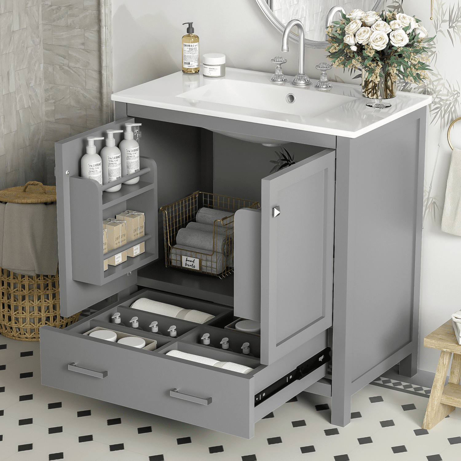 30" Bathroom Vanity with Ceramic Sink, Soft-Close Door with Built-in Shelf, Deep Drawer, Standard Drawer, Long Divider Drawer, Ample Storage Cabinet for Bathroom