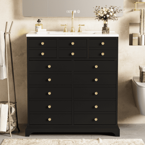 30" Bathroom Vanity with Ceramic Sink, Solid Wood Frame & MDF Storage Cabinet, Freestanding Black Vanity Set, 2 Soft Closing Drawers & Doors for Modern Bathroom