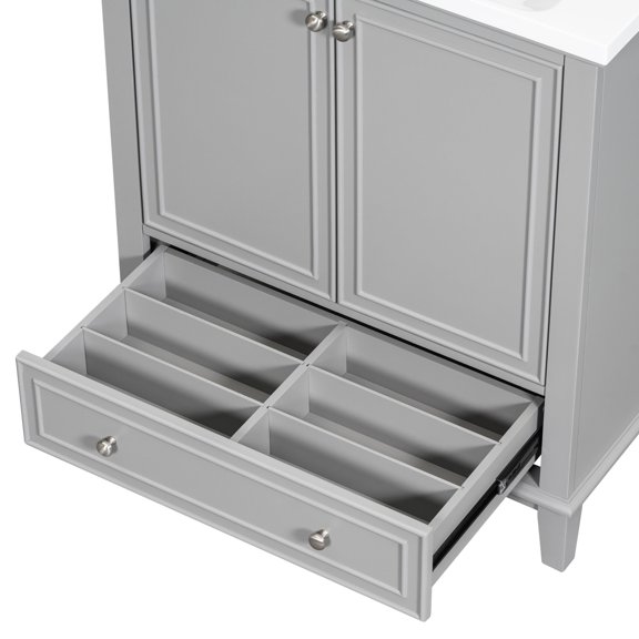 30" Bathroom Vanity with Drop-In Sink | Storage Doors and Dividable Drawer | Solid Wood and Painted MDF Board | Smooth Ceramic Sink to Avoid Water Stains
