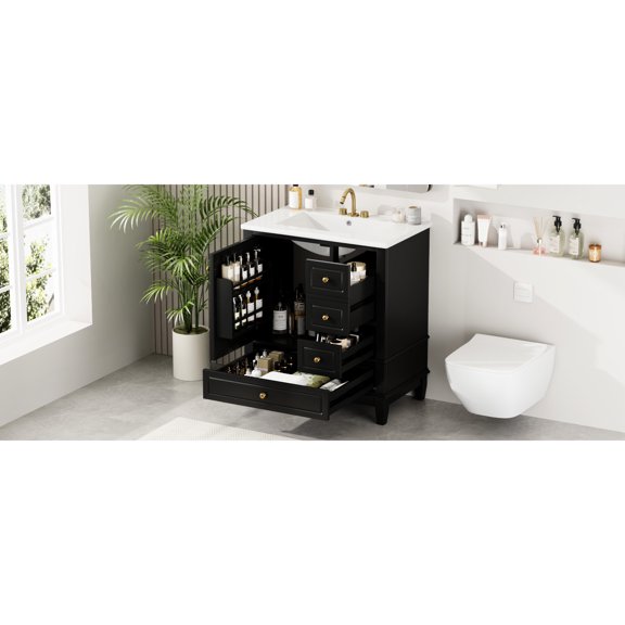 30" Bathroom Vanity with Drop - In Sink | Quiet Door Opening and Closing in Bathroom | Rubber Wood, MDF and Ceramic Materials | Keeps Soaps and Towels Clean