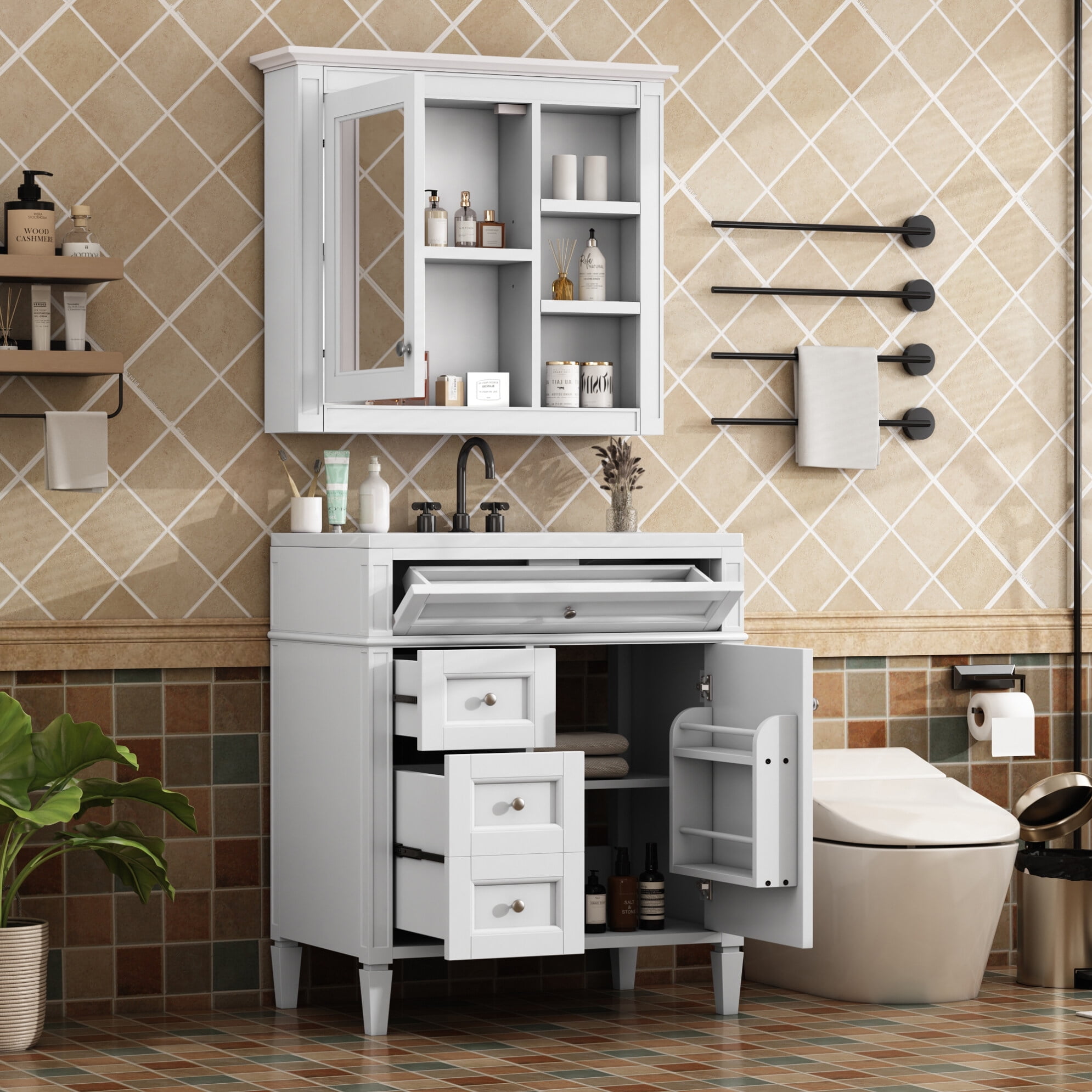 30" Bathroom Vanity with Mirror Cabinet & Integrated Resin Sink, Modern ...