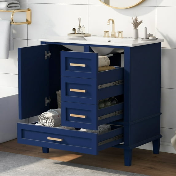 30" Bathroom Vanity, Modern Bathroom Cabinet with Sink Combo Set, Bathroom Storage Cabinet with A Soft Closing Door and 3 Drawers, Solid Wood Frame, Blue