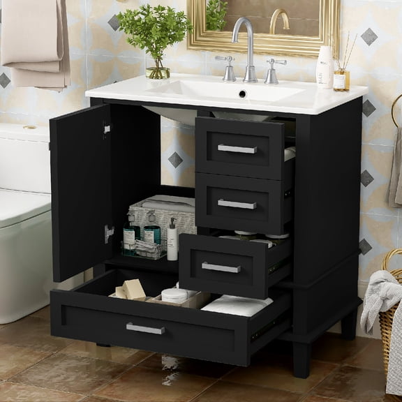 30" Bathroom Vanity, Modern Bathroom Cabinet with Sink Combo Set, Bathroom Storage Cabinet with a Soft Closing Door and 3 Drawers, Solid Wood Frame, Faucet Not Include, Black