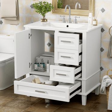 30" Bathroom Vanity , Modern Bathroom Cabinet with Sink Combo Set, Bathroom Storage Cabinet with a Soft Closing Door and 3 Drawers, Solid Wood Frame(White)