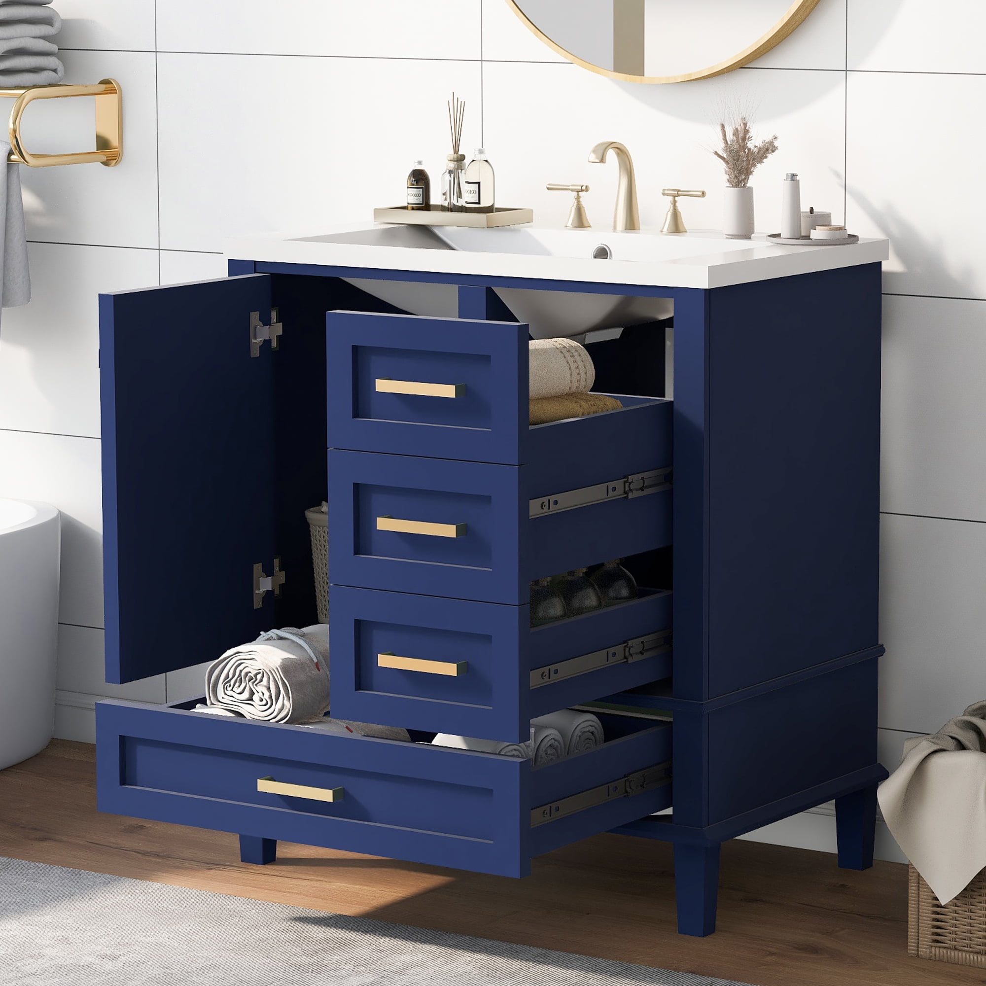 Blue 30" Solid Wood Bathroom Vanity with Ceramic Sink
