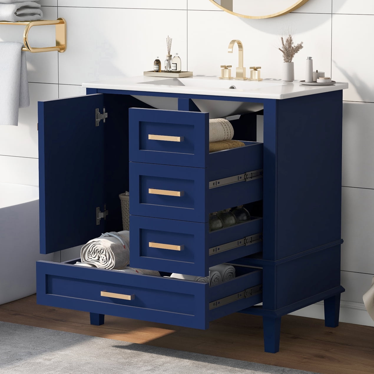 Blue 30" Solid Wood Bathroom Vanity with Ceramic Sink