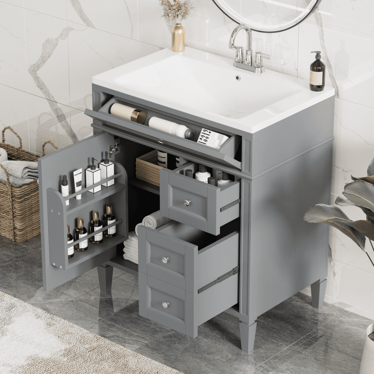 Gray 30" Modern Freestanding Bathroom Vanity with Sink and Storage