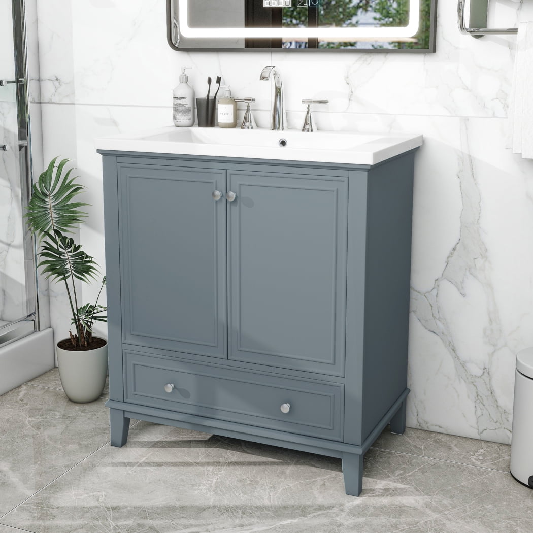 30" Bathroom Vanity with Single Sink Combo, Modern Undermount Bathroom Sink Cabinet, Wood Bathroom Dresser Storage Cabinet with Doors and Drawer, Blue