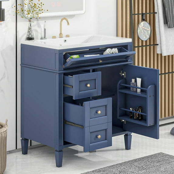 30" Bathroom Vanity with Single Sink Combo, Modern Undermount Bathroom Sink Cabinet with 2 Drawers and a Tip-Out Drawer, Freestanding Bathroom Vanities for Bathroom(Blue)