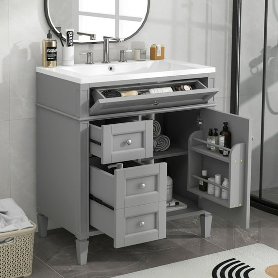 30" Bathroom Vanity with Single Sink Combo, Modern Undermount Bathroom Sink Cabinet with 2 Drawers and a Tip-Out Drawer, Freestanding Bathroom Vanities for Bathroom(Grey)