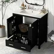 30" Bathroom Vanity with Single Sink Top, Combo Cabinet Undermount Sink, Solid Wood Bathroom Storage Cabinet with 2 Doors and a Drawer, Soft Closing, Black