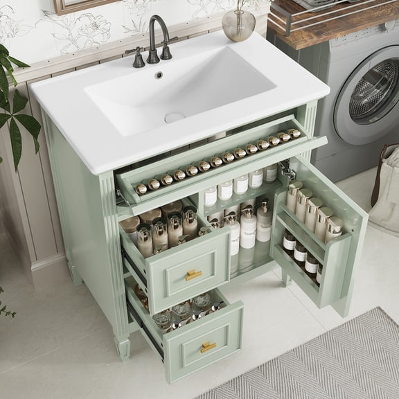 30" Bathroom Vanity with Sink, 30 in Vanities with Ceramic Sink, Single Sink Bathroom Vanity with 1 Flip Drawer, 2 Drawers & Adjustable Shelf (Light Green)