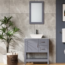 30" Bathroom Vanity with Sink, Bathroom Sink with Cabinet, Sink Combo Marble Pattern Top, Corner Vanity with Open Shelf & 2 Drawers, Pedestal Sink Cabinet with Mirror Faucet Drain (Grey)
