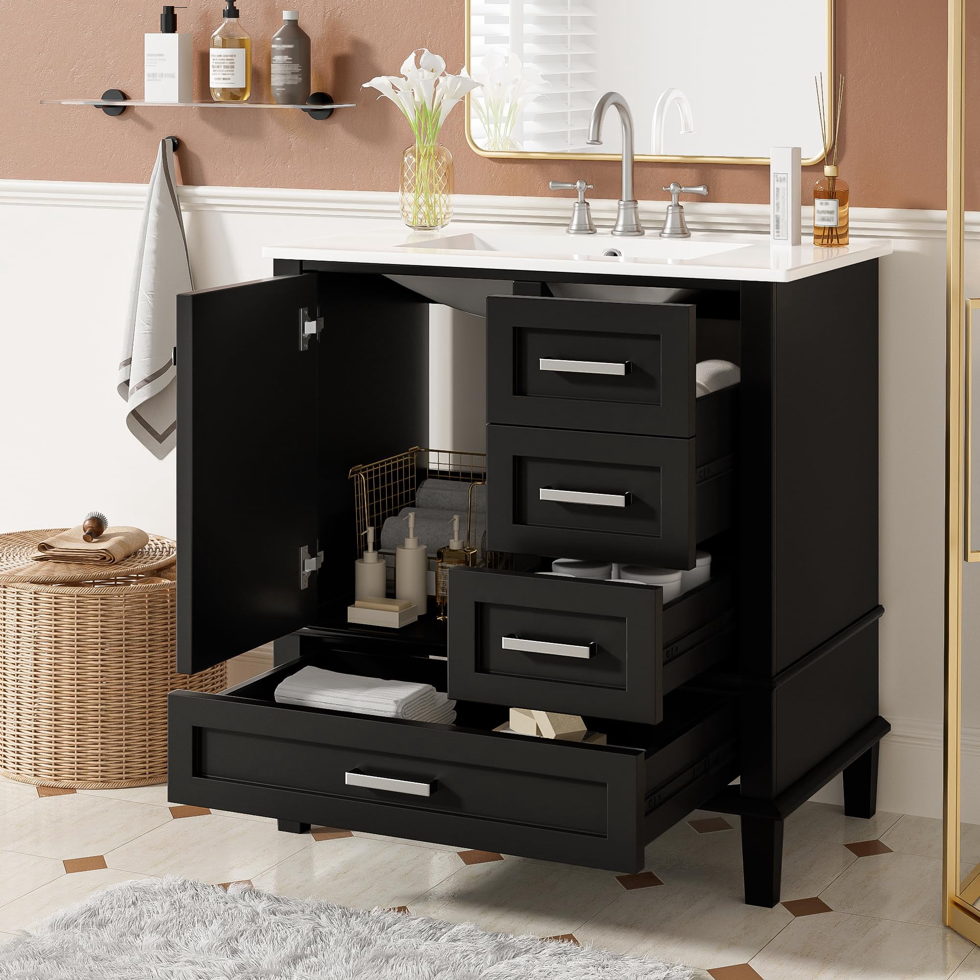 30" Bathroom Vanity with Sink, Bathroom Vanities 30 Inch with Top, Single Sink Bathroom Vanity with 3 Drawers and 1 Soft Closing Door, 30 Restroom Vanity with Cuntertop Sink (White)