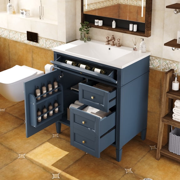 30" Bathroom Vanity with Sink,Bathroom Vanity Combo with Storage Cabinet,Bathroom Vanity Cabinet Set with 2 Drawers and a Tip-out Drawer ,Solid Wood Frame,Metal Handles,Blue.