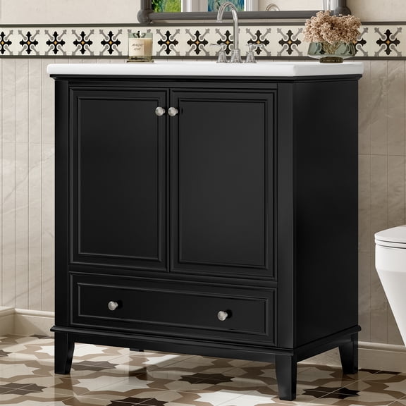 30" Bathroom Vanity with Sink, Black Storage Cabinet with Adjustable Shelf & Drawer, Solid Wood Frame Bathroom Vanity Combo, Modern Freestanding Vanity with Ceramic Basin