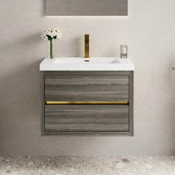 30" Bathroom Vanity Sink Cabinet. Ash Grey Floating Cabinet With Durability. Pre-assembled For Effortless Setup. U-shaped Interior Storage Solution. Stone Resin Counter. Silent Soft Close Drawer