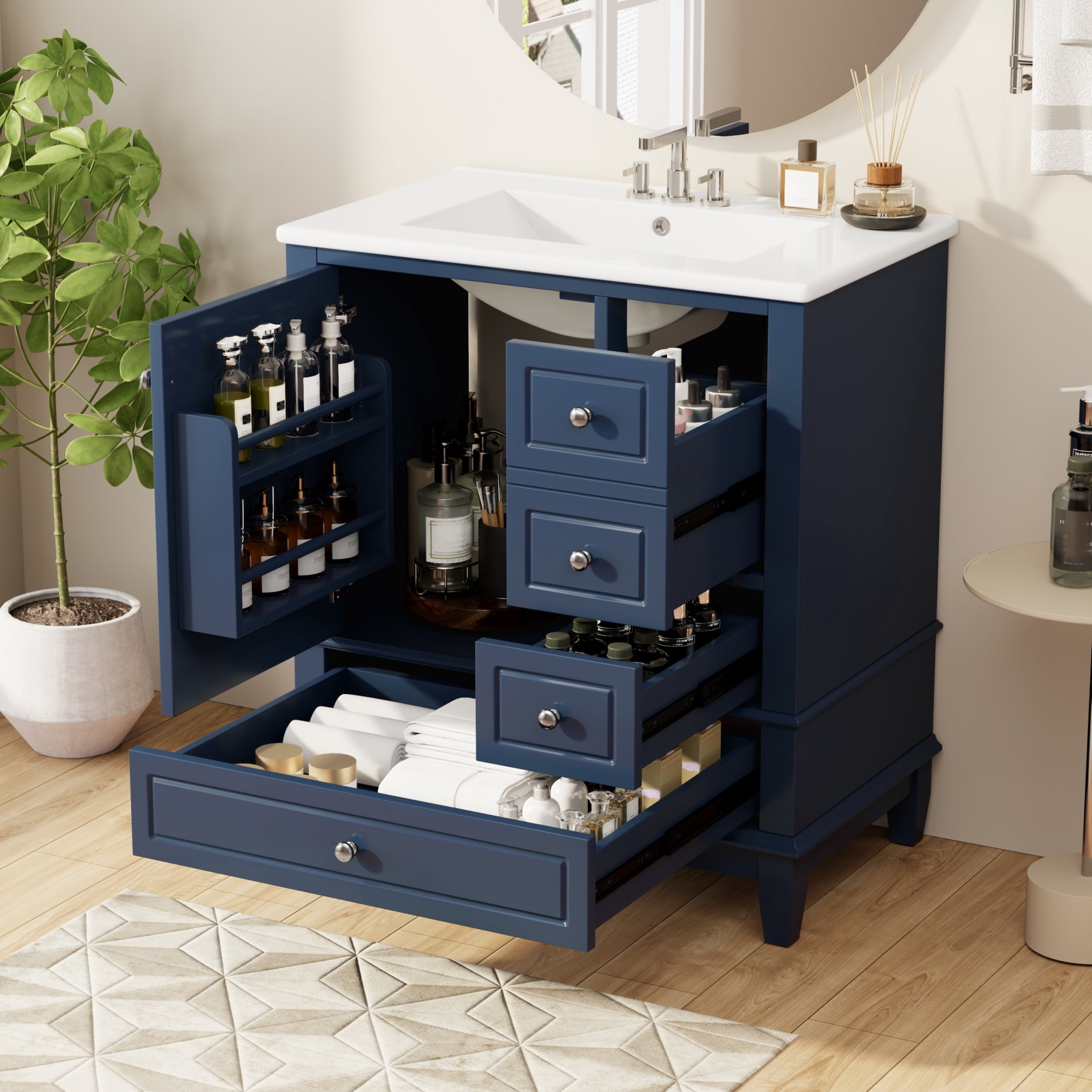 30" Bathroom Vanity with Sink Combo, Modern Bathroom Storage Cabinet with 3 Drawers and 1 Soft Closing Door, Freestanding Solid Wood Bathroom Vanities, Blue