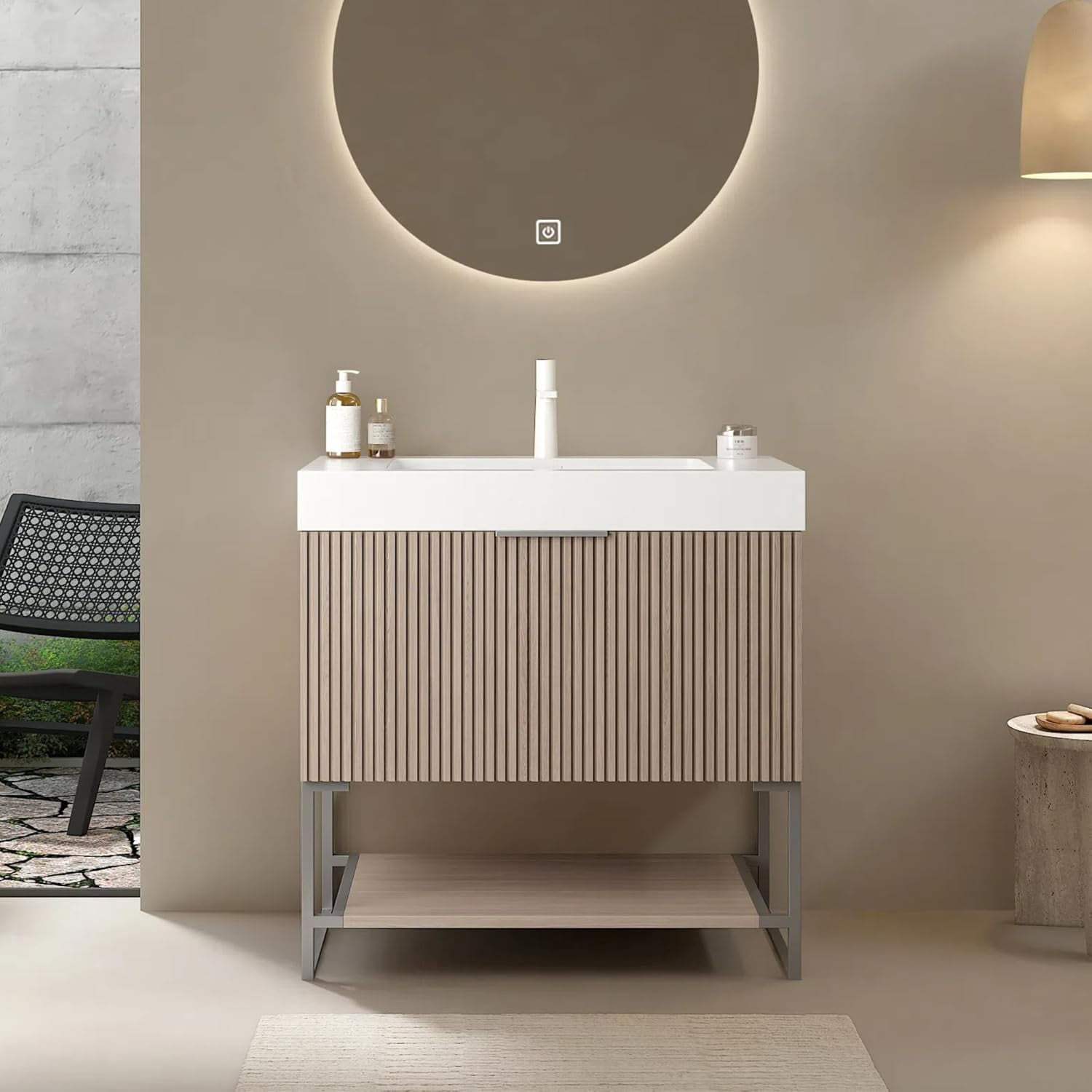 30"Bathroom Vanity with Sink Combo, Modern Plywood Striped Storage Cabinet with Drawer and Open Shelf, Freestanding Bathroom Vanities, Pre-Assembled, Light Brown Oak