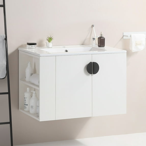 30" Bathroom Vanity Sink Combo, Wall Mounted Vanity Cabinet Set, Ceramic Sink Top, Bathroom Cabinet With 2 Doors And Open Storage Shelf, Solid Wood Frame, Easy Assembly, For Small Space