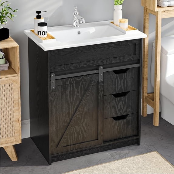 30" Bathroom Vanity with Sink, Farmhouse Bathroom Cabinet, Bathroom Vanity Set with Sliding Barn Door & 3 Drawers, Freestanding Bathroom Vanities with Metal Handle, Black