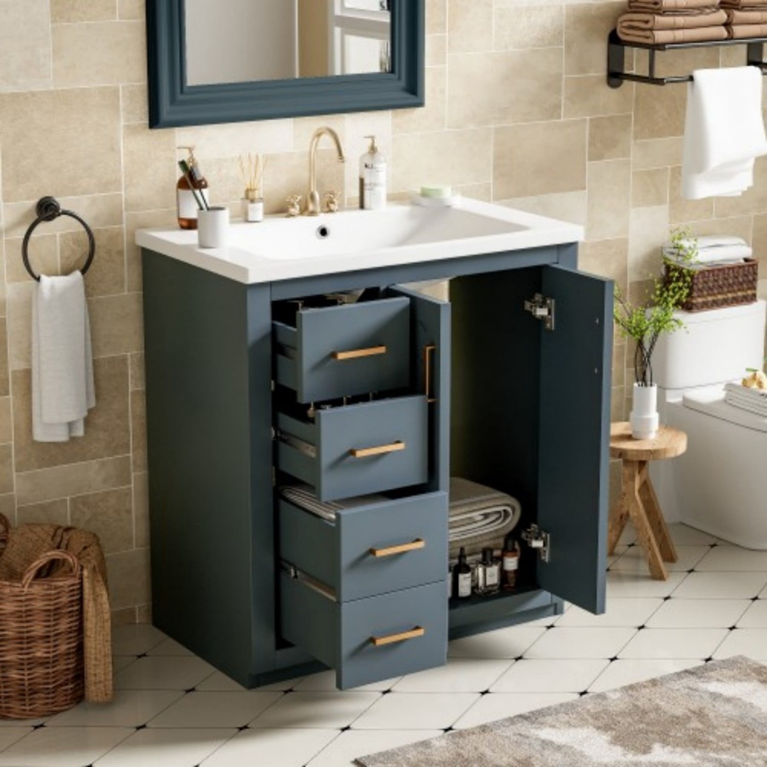 30" Bathroom Vanity with Sink, Freestanding Bathroom Vanity Cabinet with Ceramic Sink, Solid Wood Frame, 3 Drawers & Soft Close Doors, Modern Storage Cabinet, Blue