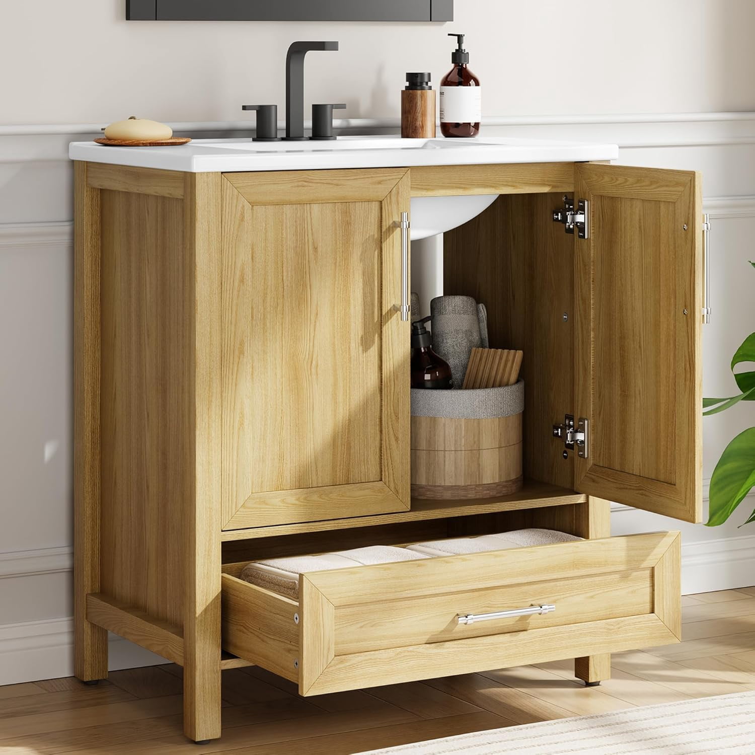 30" Bathroom Vanity with Sink, Freestanding Wooden Bathroom Vanity Cabinet with Soft-Closing Door and Metal Handle, Modern Floor Standing Storage for Small Spaces，Natural Wood