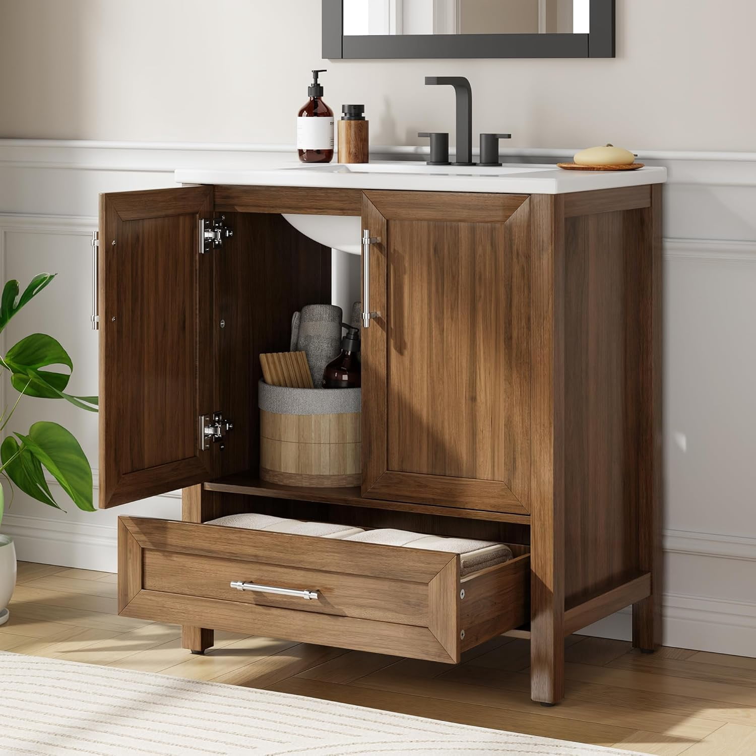 30" Bathroom Vanity with Sink, Freestanding Wooden Bathroom Vanity Cabinet with Soft-Closing Door and Metal Handle, Modern Floor Standing Storage for Small Spaces，Walnut